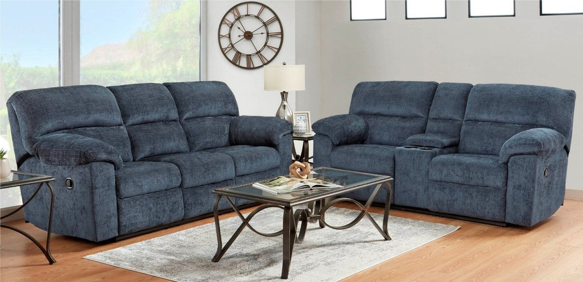 Full view of the loveseat featuring its center console with cup holders, alongside a partial view of the matching sofa, showcasing the set's overall design and color.