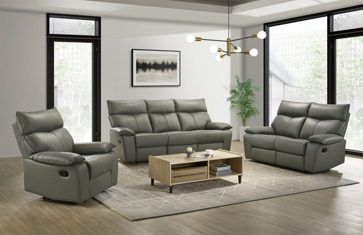 Complete living room set showcasing the 3-seater sofa, 2-seater loveseat, and single recliner chair in a modern room setting.