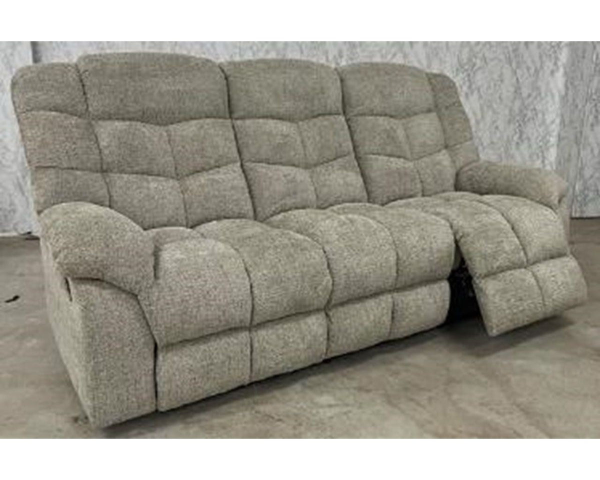 Full, unobstructed front-angle view of the three-seater reclining sofa, showcasing its plush design and textured greige fabric.