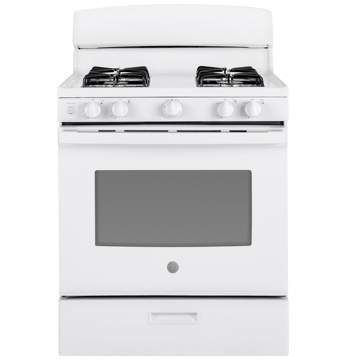 GE JGBS30DEKWW gas range, white closed-front exterior