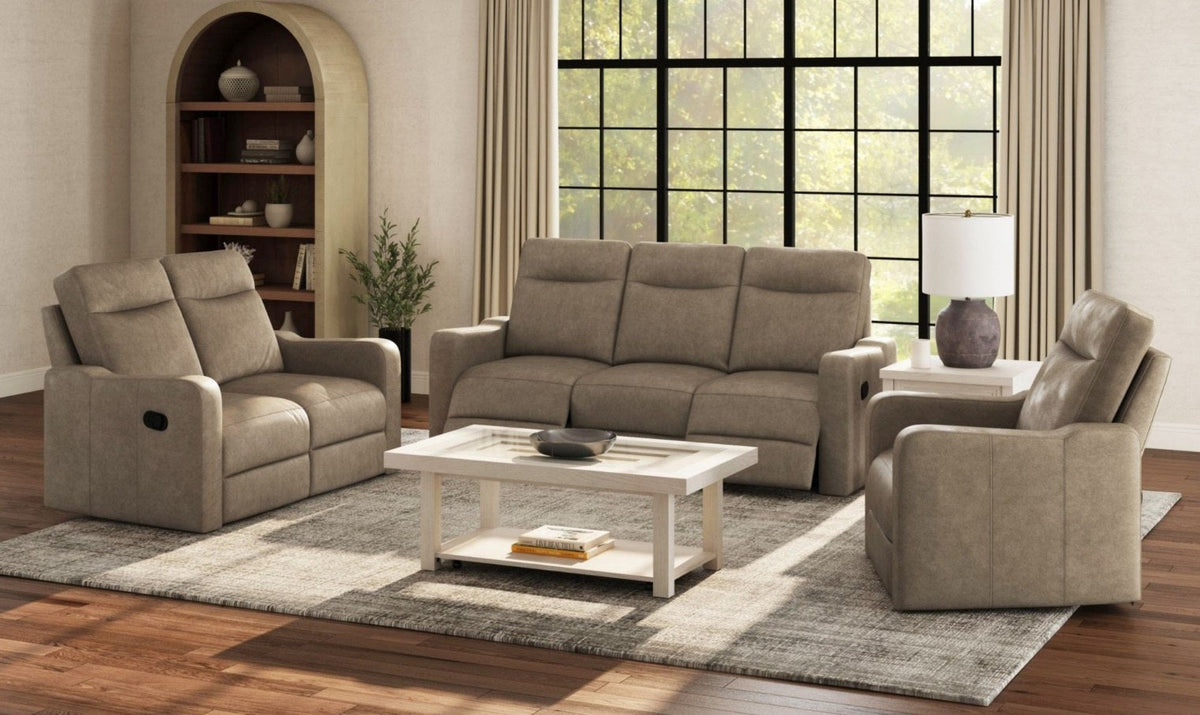 Full view of the three-piece reclining set, showcasing the sofa, loveseat, and armchair in a contemporary living room setting.