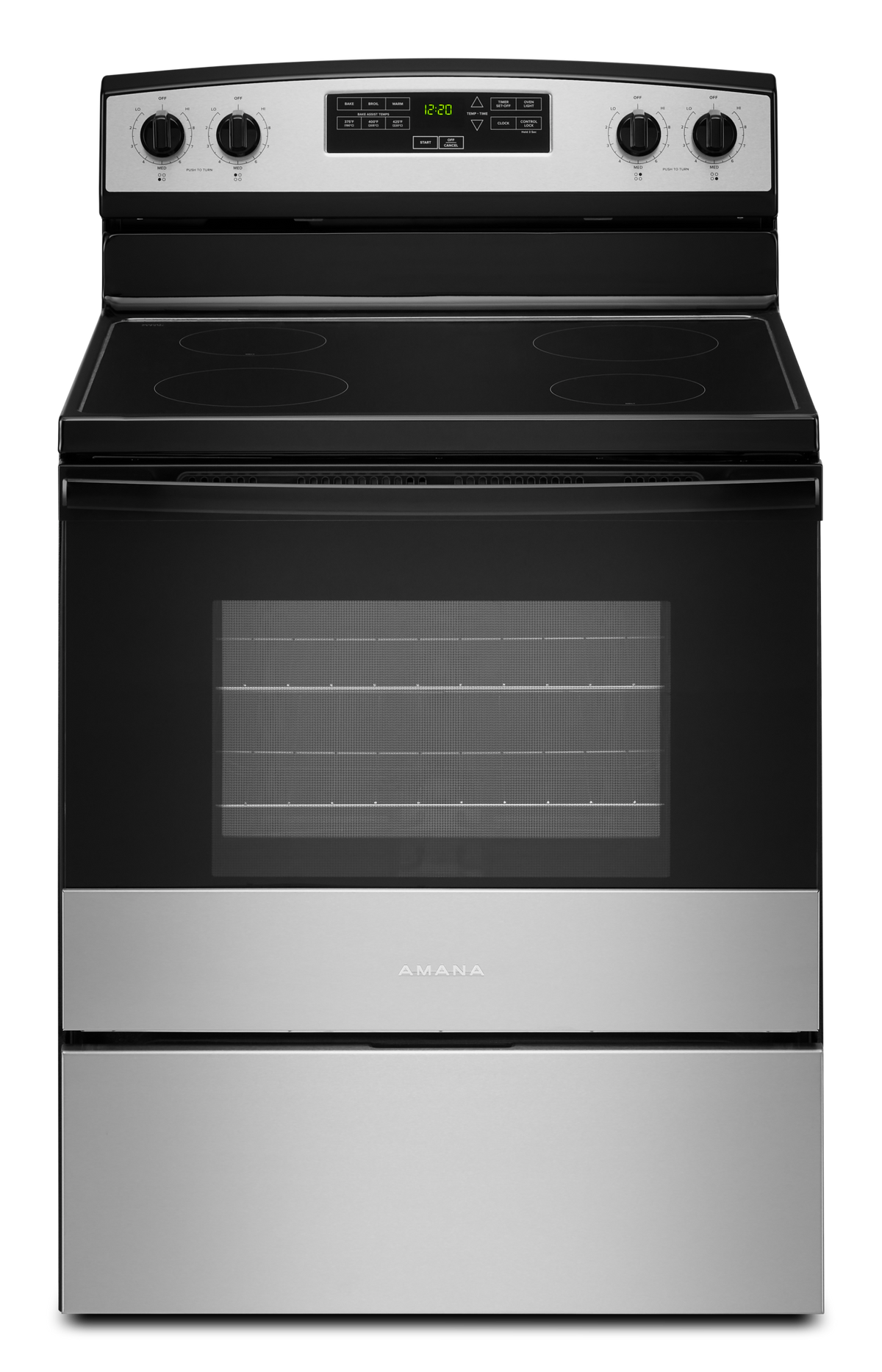 Amana AER6303MMS electric range, stainless closed-front exterior
