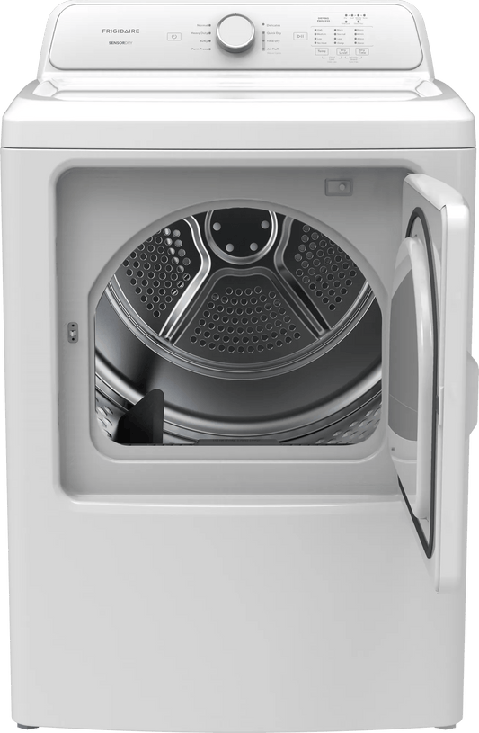 Frigidaire FLVE7000AW electric dryer, open door and drum