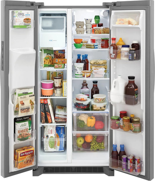 Frigidaire FRSS2323AS side-by-side refrigerator, open interior view