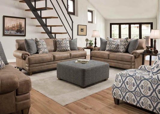 Franklin Sicily Chief Hazelnut sofa in room with separately sold matching seating and accents