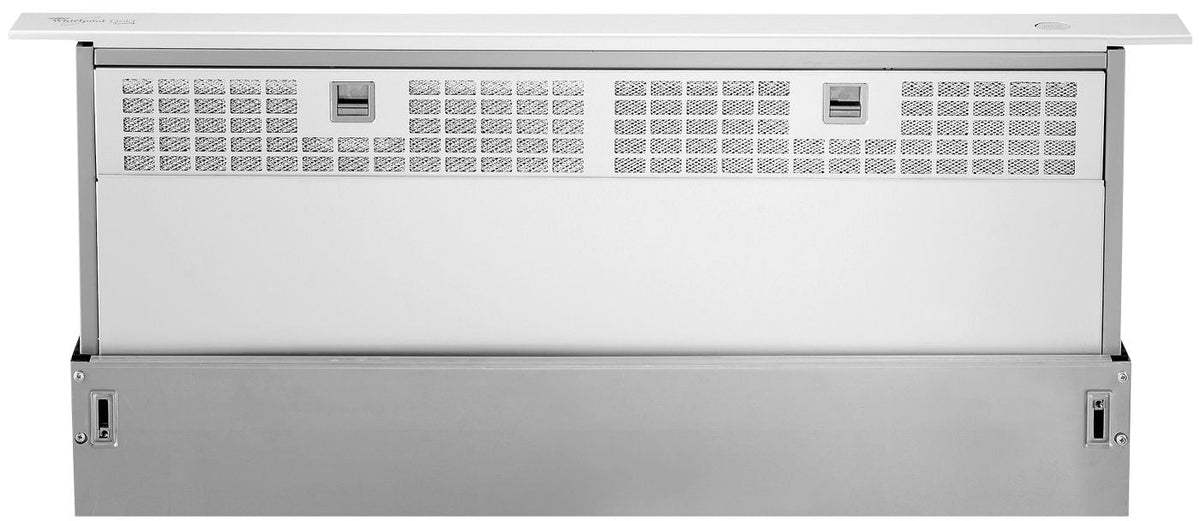 Whirlpool GZ7936XHS pop-up downdraft hood, raised stainless pop-up downdraft front and intake grille