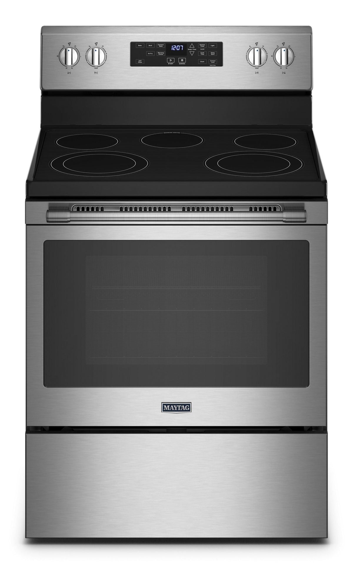 Maytag MER7700LZ fingerprint-resistant stainless steel electric range, front view
