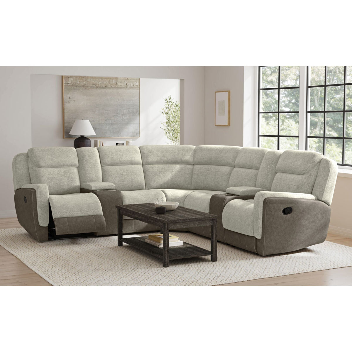 Elements International Hornet Rancho Taupe three-piece reclining sectional, assembled with two console loveseats and a corner wedge