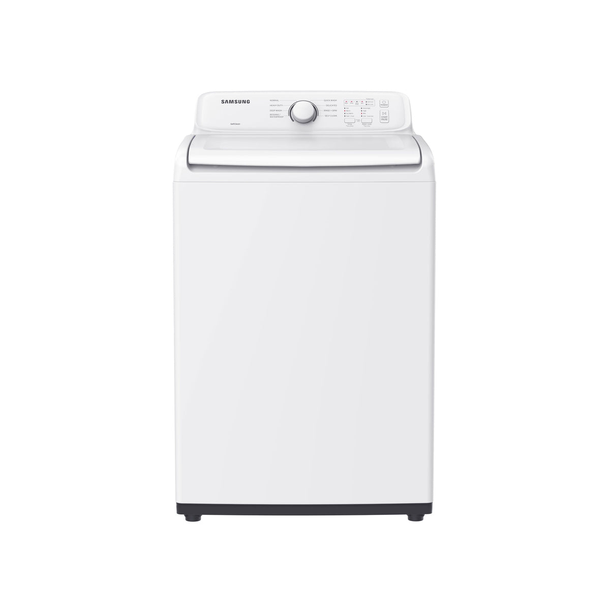 Samsung WA40A3005AW white top-load washer, lid closed front exterior