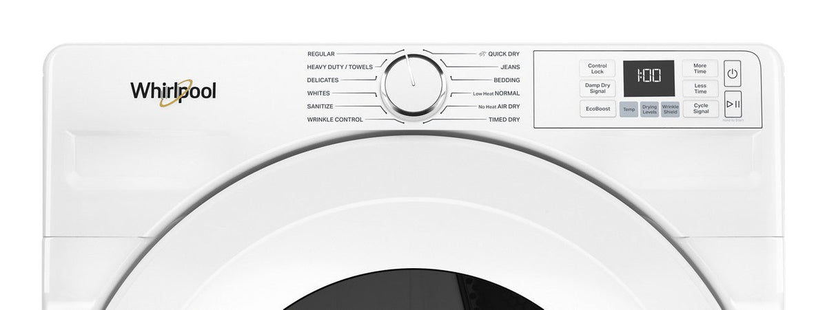Whirlpool WED4720RW white dryer, control panel detail