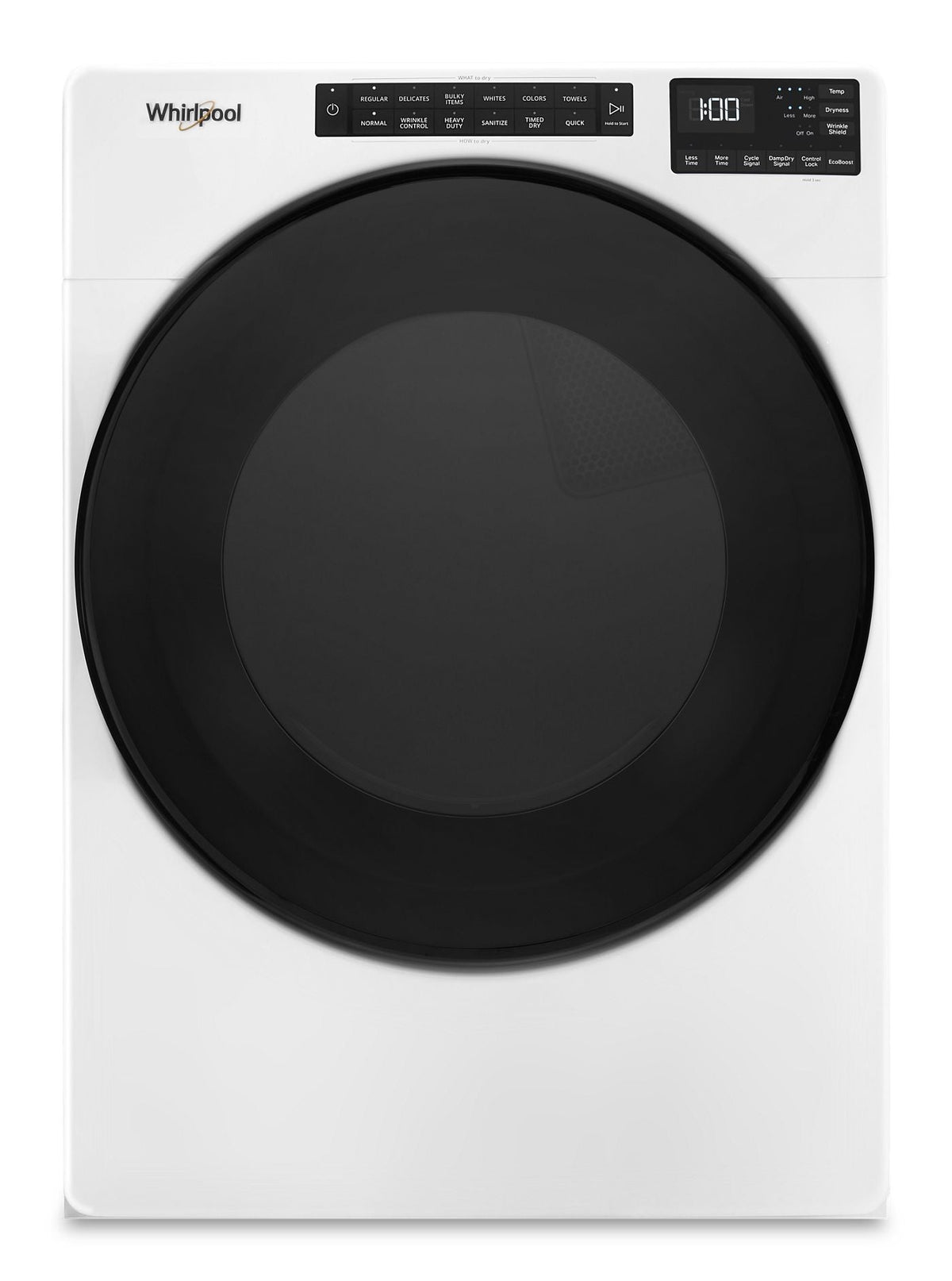 Whirlpool WED5605MW white front-load electric dryer, front exterior