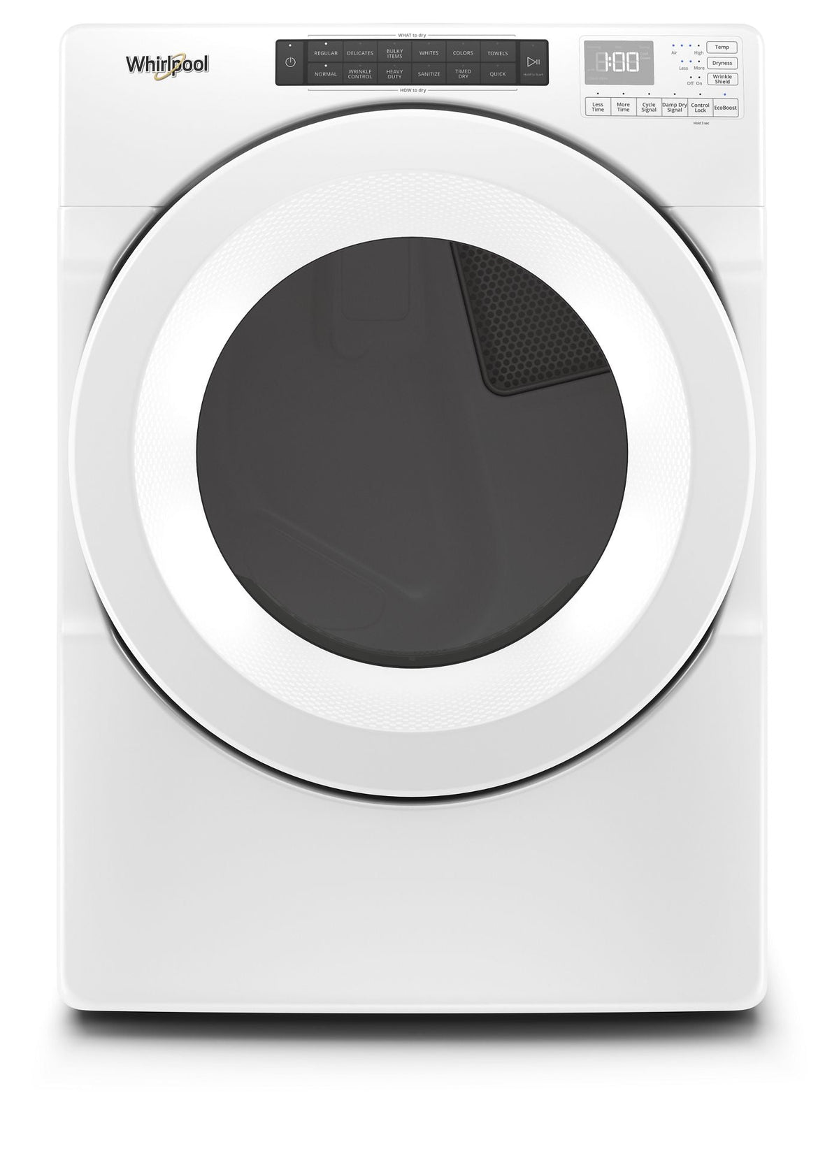 Whirlpool WED5620HW white front-load electric dryer, front exterior