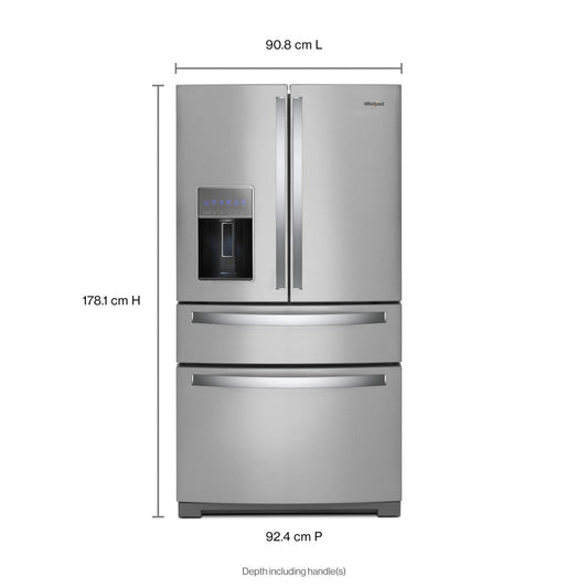 Whirlpool WRMF7736PZ stainless refrigerator, exterior and dimensions diagram