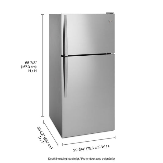 Whirlpool WRT318FZDM stainless refrigerator, exterior and dimensions diagram