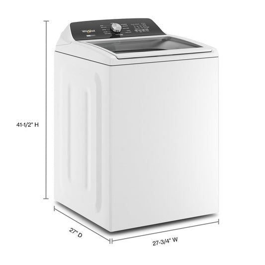 Whirlpool WTW5057LW white top-load washer with width, depth, and height marked