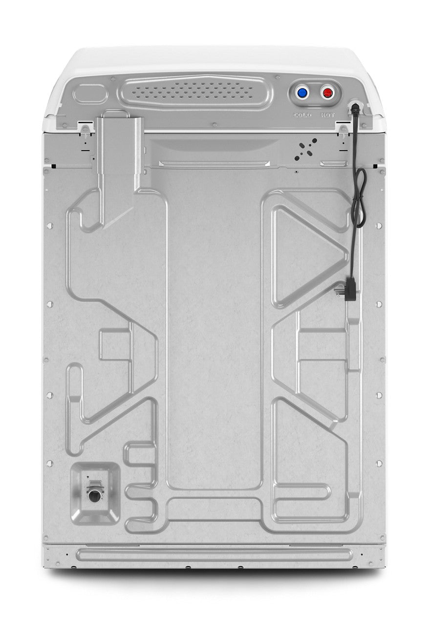 Rear view of Whirlpool WTW5057LW white top-load washer showing water connections