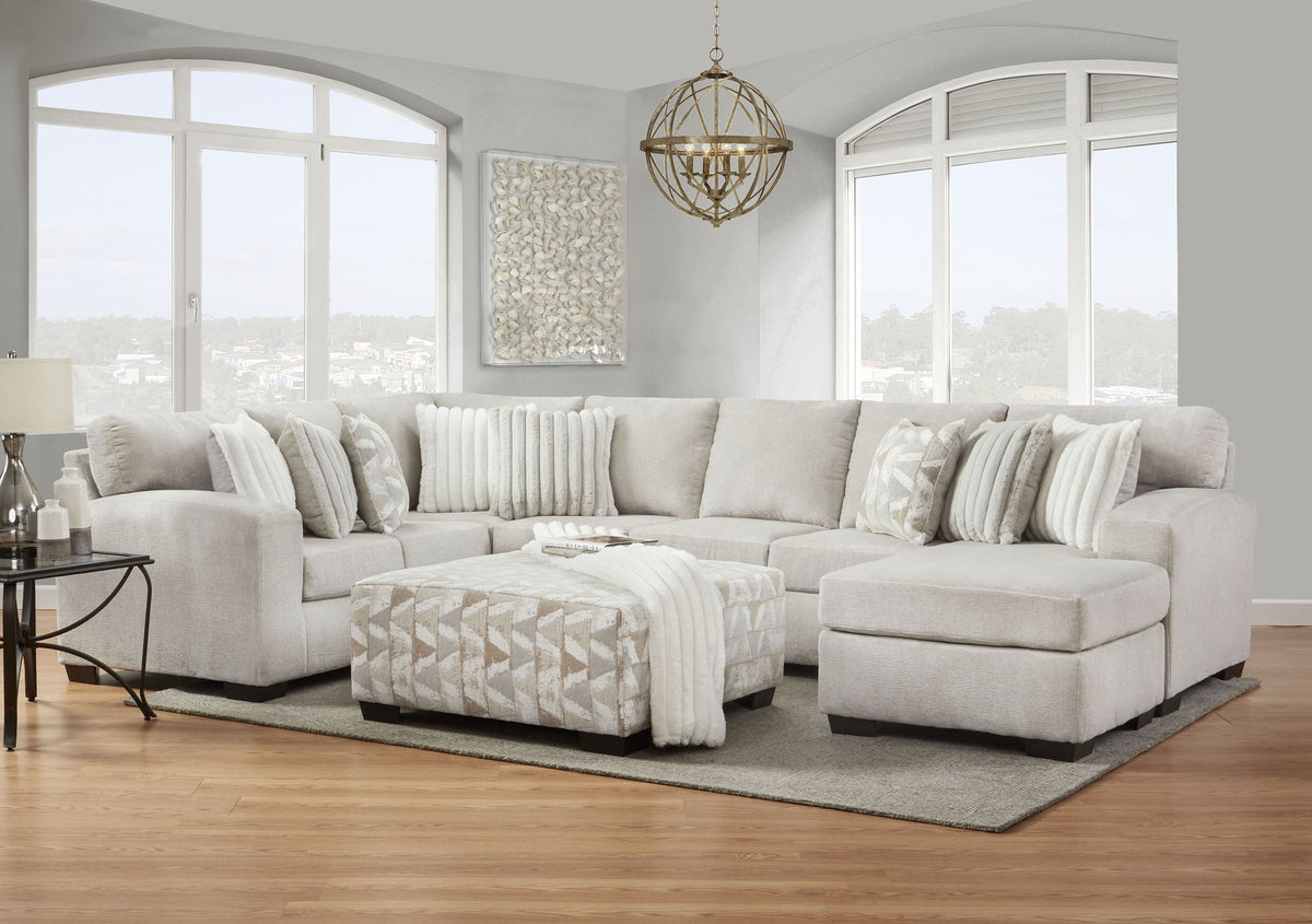 Affordable Furniture 695 Posh Dove — three seating sections with included plain floating ottoman at right; patterned cocktail ottoman and room accessories sold separately