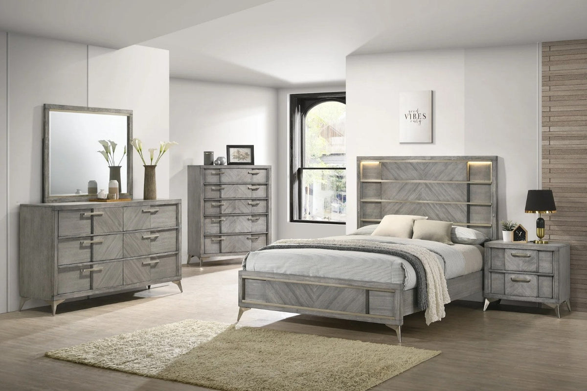 Full view of the Queen bed, showcasing its distinguished headboard with LED lighting, footboard, side rails, and a matching nightstand.