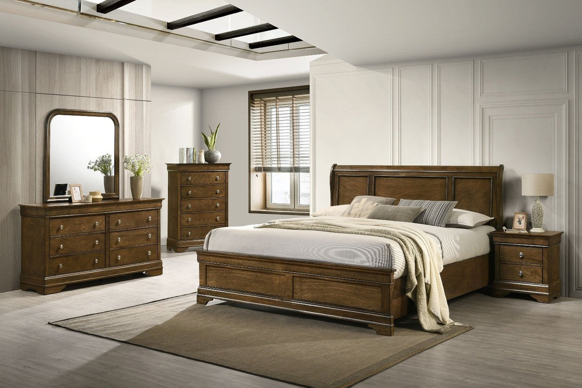 Full front view of the dresser and mirror, showcasing its rich wood finish and elegant details from a balanced angle.