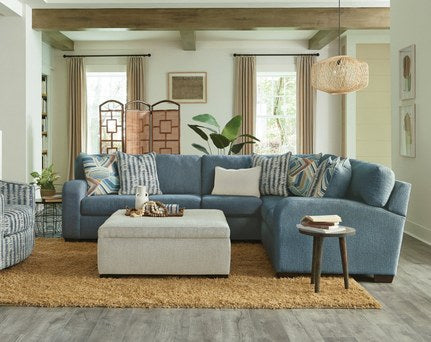 Behold Koda Ocean two-piece sectional in room setting; storage ottoman pictured separately