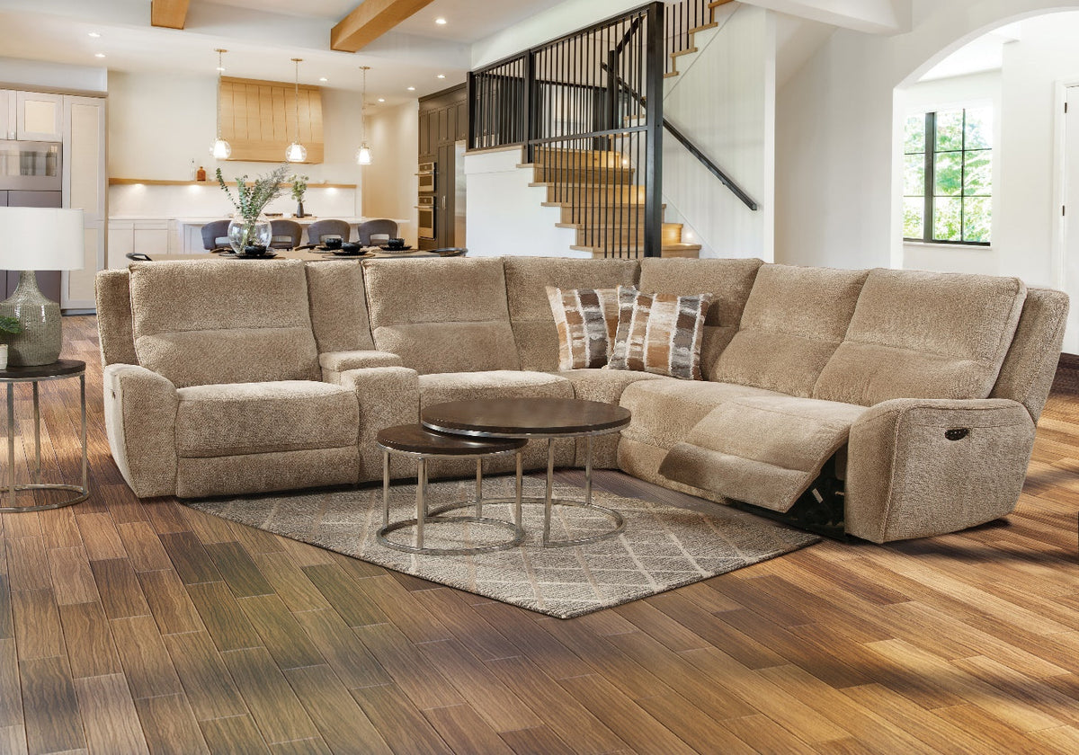 Behold Burbank Plush Taupe complete six-piece power reclining sectional in room with storage console and corner wedge
