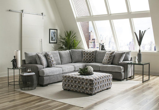 Albany 8784 Dove Grey two-piece sectional in room with separately pictured patterned ottoman