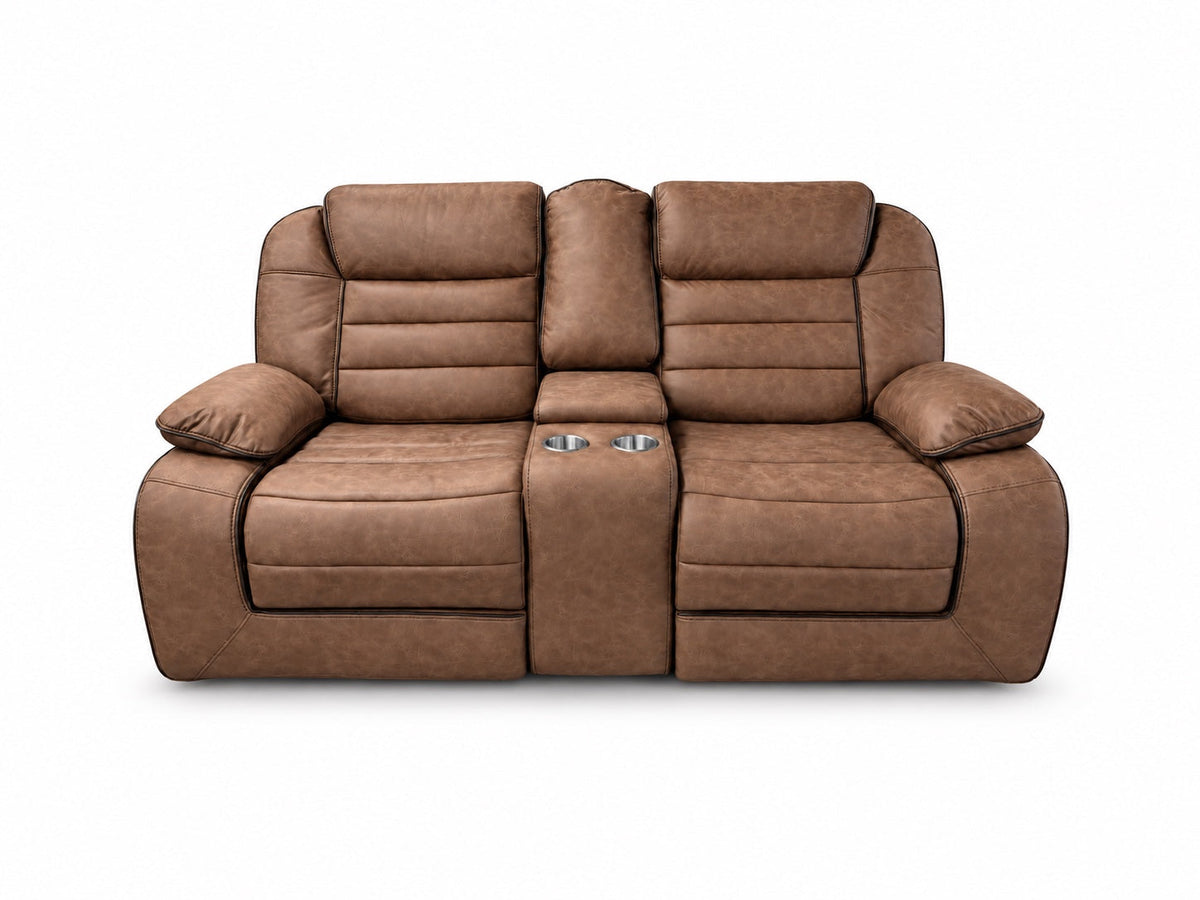 Global Furniture U2250 Brown Manual Reclining Console Loveseat shown alone with all seats and footrests upright
