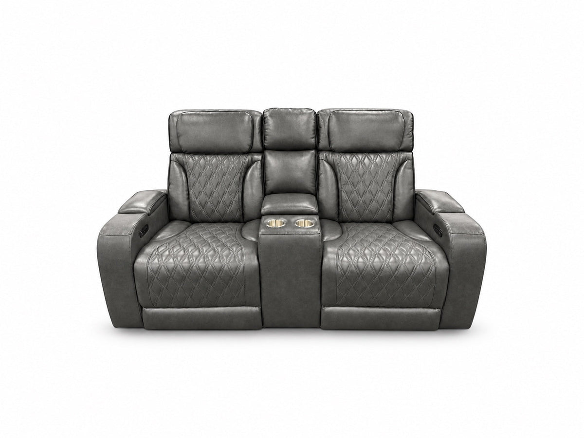 Global Furniture U8611 Charcoal Dual Power Console Loveseat shown alone with the complete item upright and lights off