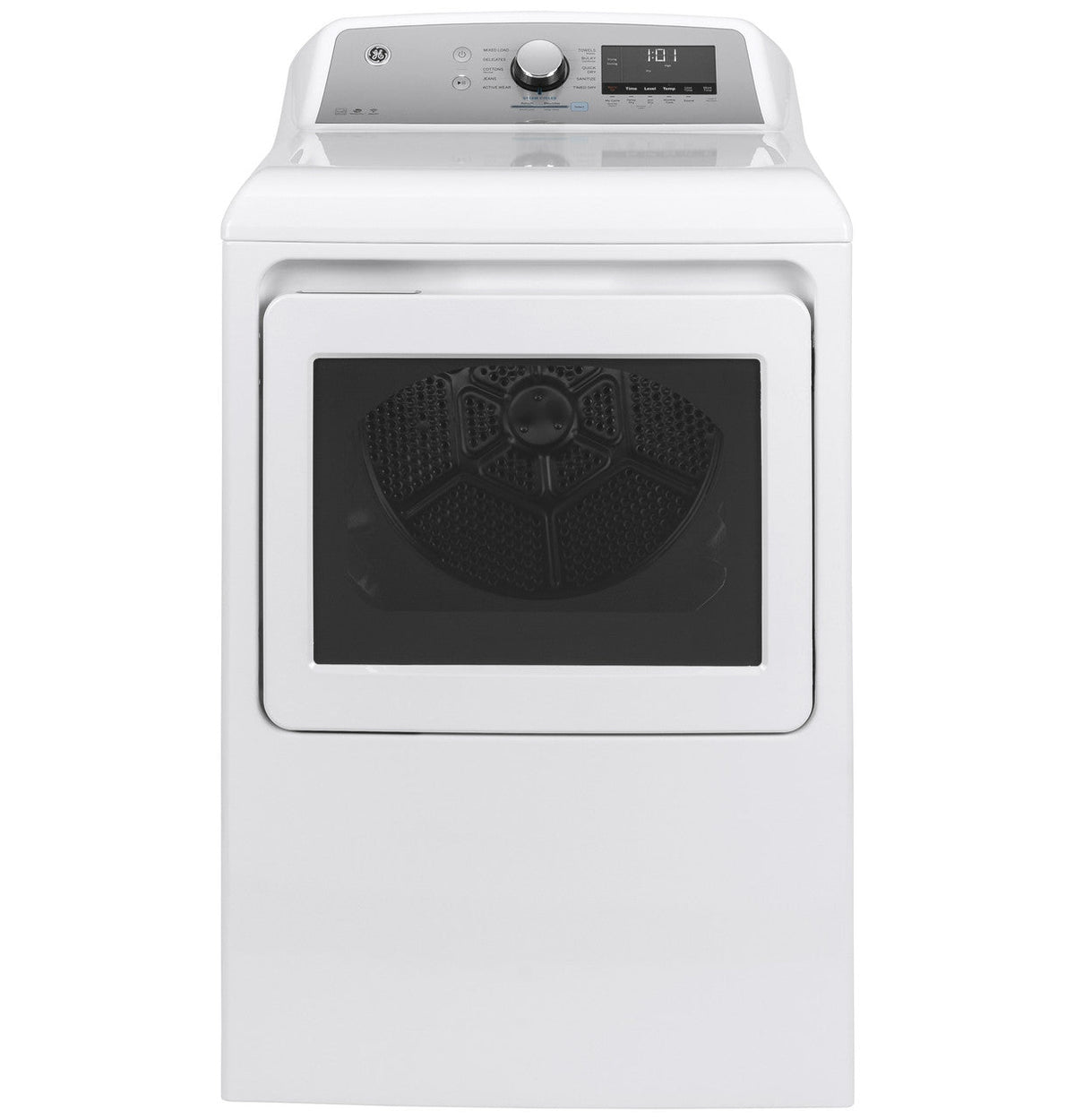 GE GTD84ECSNWS white smart electric dryer with silver backsplash, front exterior