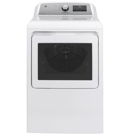 GE GTD84ECSNWS white smart electric dryer with silver backsplash, front exterior
