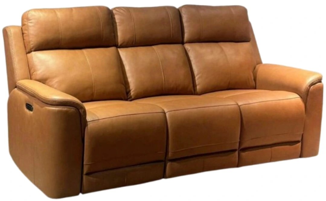 Full front view of the Elements International 3-seater power reclining sofa, upholstered in a rich tan leather.