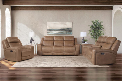 Full living room set featuring a power reclining sofa, loveseat with console, and a matching recliner chair, all in a warm mocha leather-look, set in a contemporary living space.
