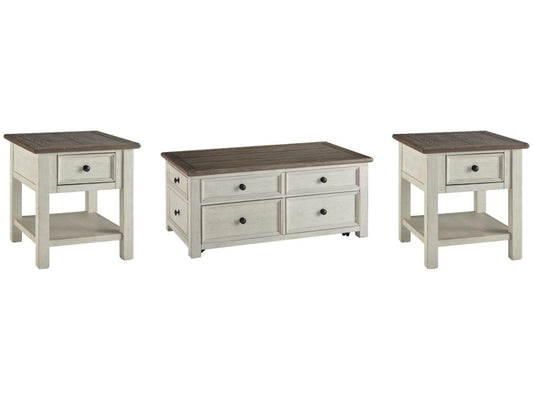 Full front view of two identical rectangular end tables (the product), displayed alongside a matching coffee table. Each end table features a distressed off-white base, a contrasting dark wood-look top, a single storage drawer with a dark knob, and an open lower shelf.