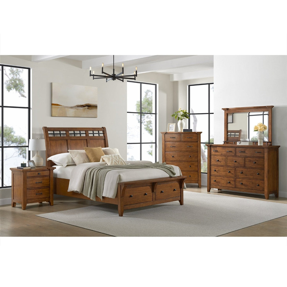 Upper section view of the Elements International 6-drawer chest, showcasing its rich, warm brown finish and four top drawers with dark pull hardware.