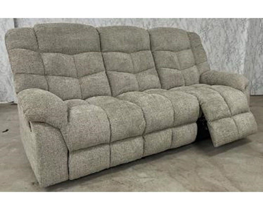 Full, unobstructed front-angle view of the three-seater reclining sofa, showcasing its plush design and textured greige fabric.