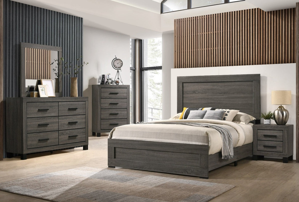Clear, front-angle view of the two-drawer nightstand, showcasing its design and position next to the bed.