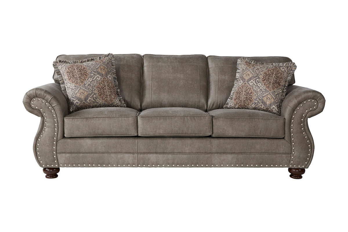 Hughes Furniture 17450S01 Goliath Mica fabric sofa, front view with pewter-tone nailheads