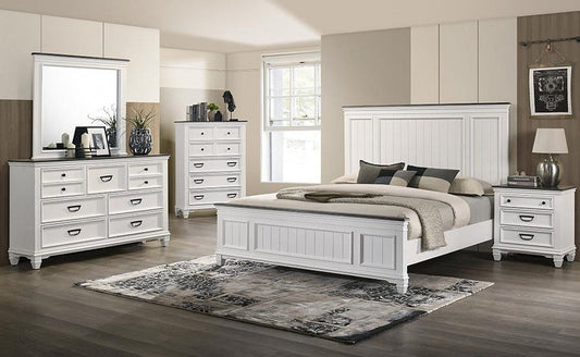 The Lifestyle Furniture 5-Drawer Chest displayed front-on, showcasing its complete design with a crisp white finish and contrasting dark top.