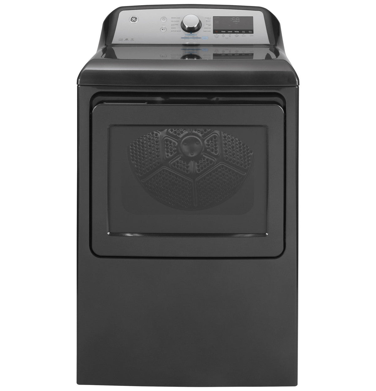 GE GTD84ECPNDG Diamond Gray smart electric dryer, front exterior