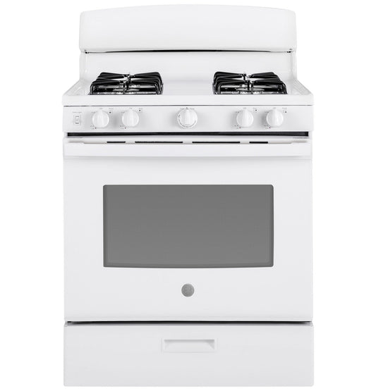 GE JGBS30DEKWW gas range, white closed-front exterior