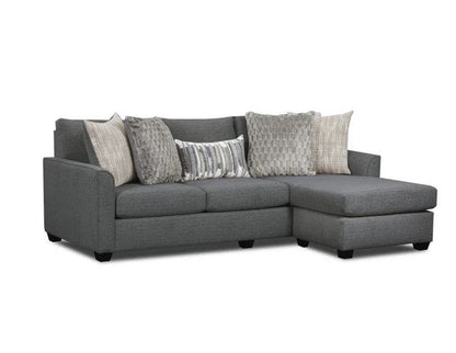 Full front view of the gray fabric sofa chaise, showcasing its complete length and throw pillows.