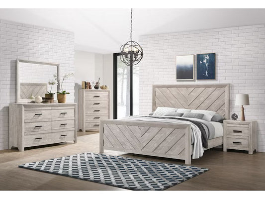Main full view of the 6-drawer dresser with its matching mirror, showcasing its distressed finish and ample storage.