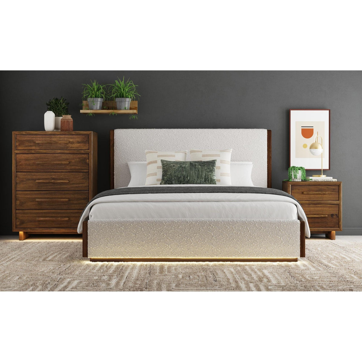 Full bedroom scene featuring a modern bed frame with under-lighting, a five-drawer dresser, and a two-drawer nightstand, all crafted from dark wood.