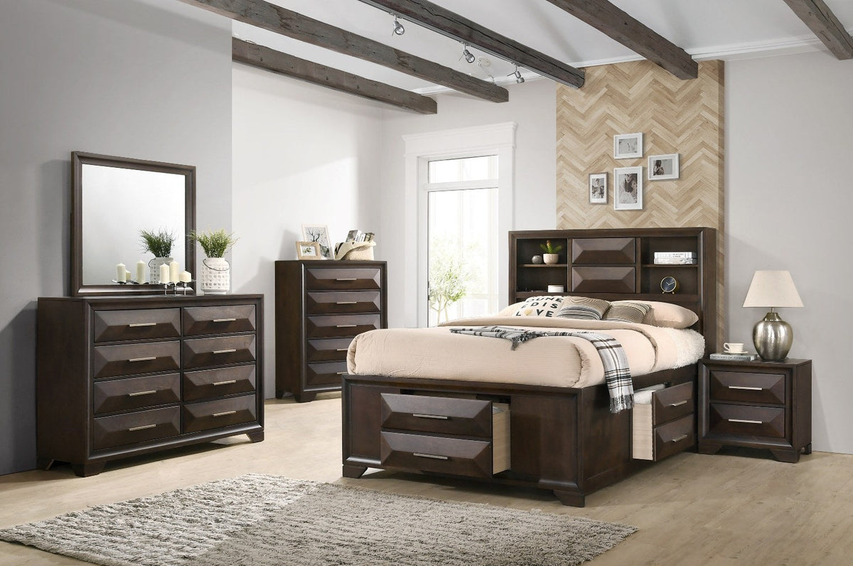 Close-up view of the vertical mirror on a matching dresser, highlighting its dark wood frame and reflective surface.