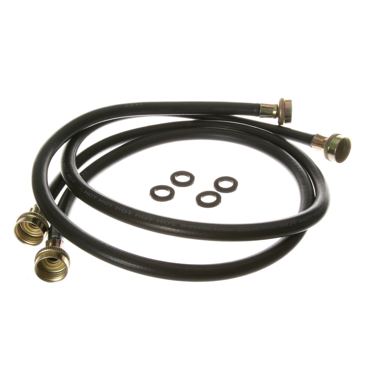 GE WH41X10207 washer inlet hoses, two black rubber washer hoses and washers