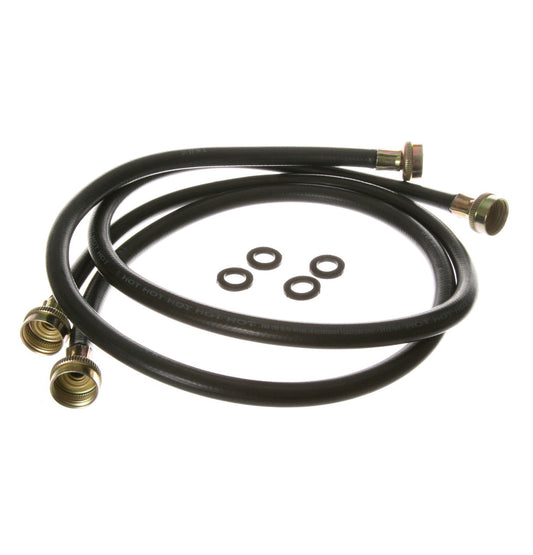 GE WH41X10207 washer inlet hoses, two black rubber washer hoses and washers