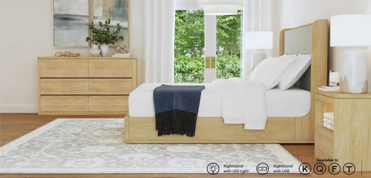 Lifestyle shot showcasing the Elements International 6-drawer chest in a modern bedroom setting, highlighting its natural wood finish and contemporary design.