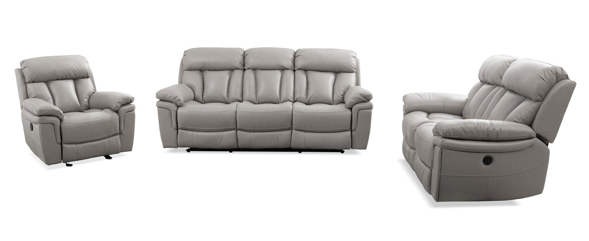 Cheers Madrid Stone power reclining sofa with plush seats and overstuffed arms, accompanied by matching power recliners, on a white background.