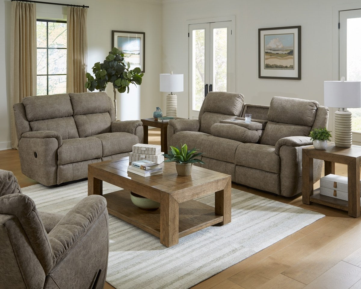 Full front-right view of the plush reclining loveseat featuring a convenient center console with cup holders, ideal as the main product image.