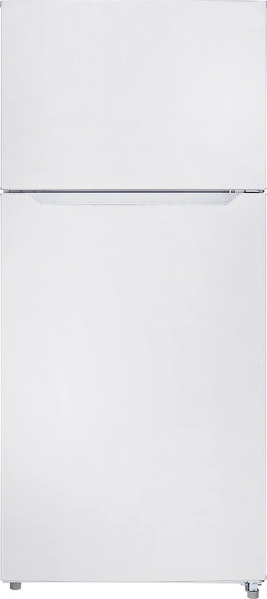 Front view of a white Climatic GRMH185AW top-freezer refrigerator with two doors